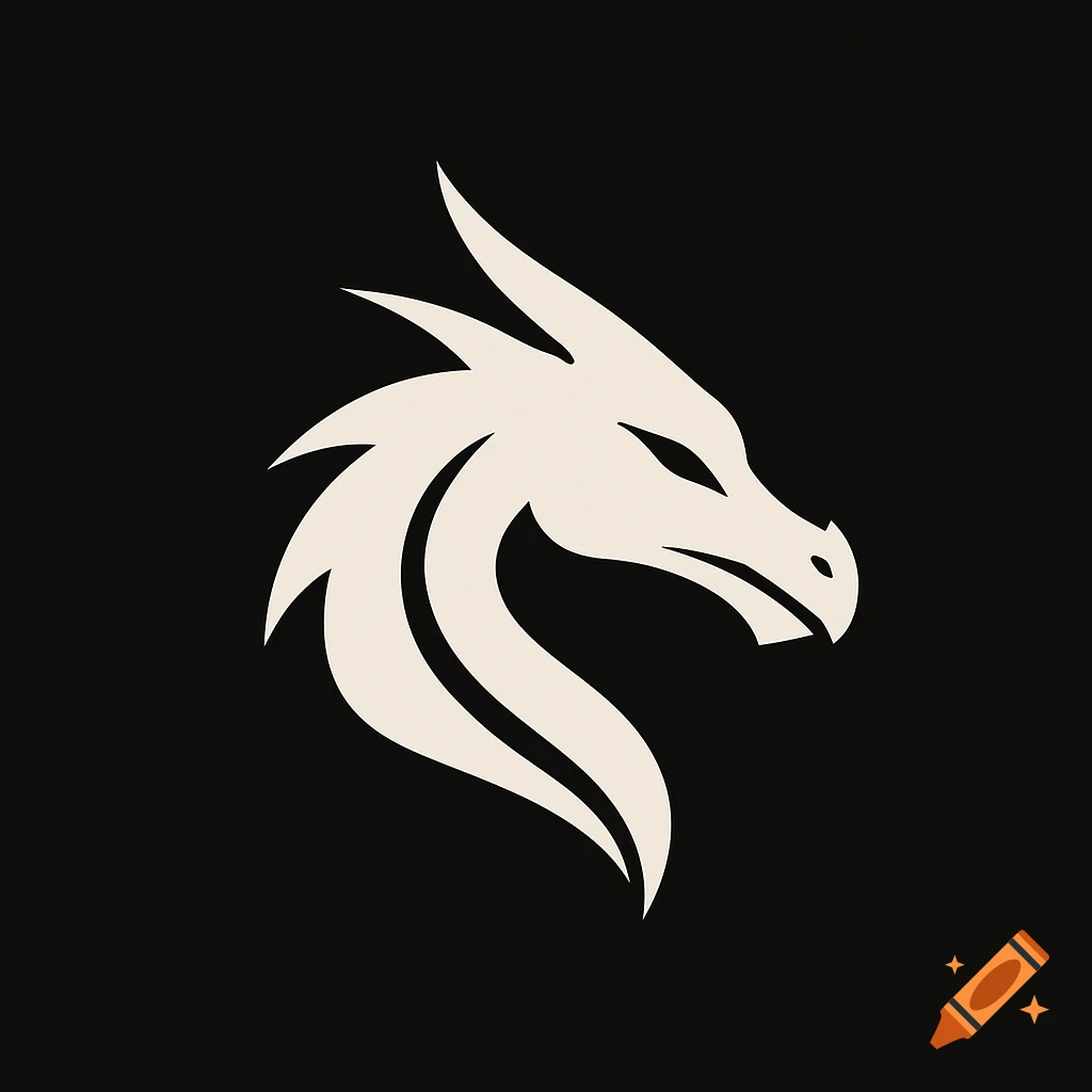 A minimalist white dragon head logo in side profile against a black background.