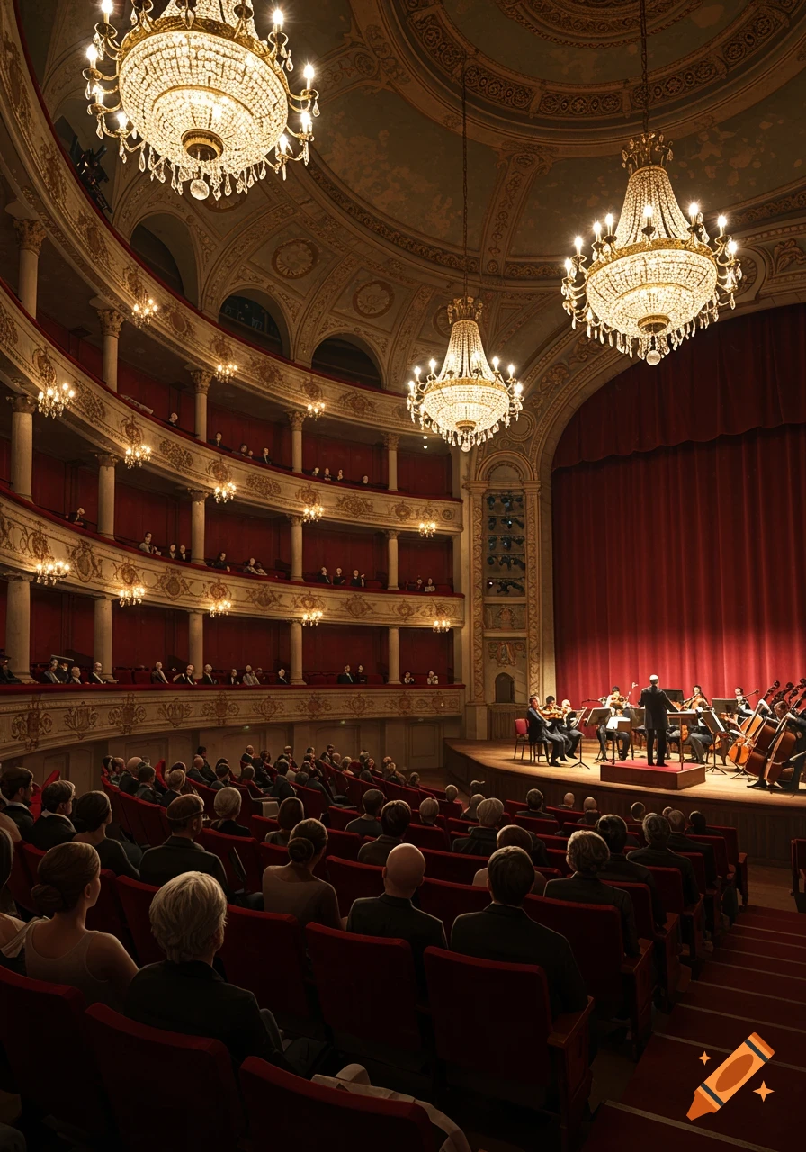 Grand theater with an audience watching an orchestra on stage, illuminated by ornate chandeliers.