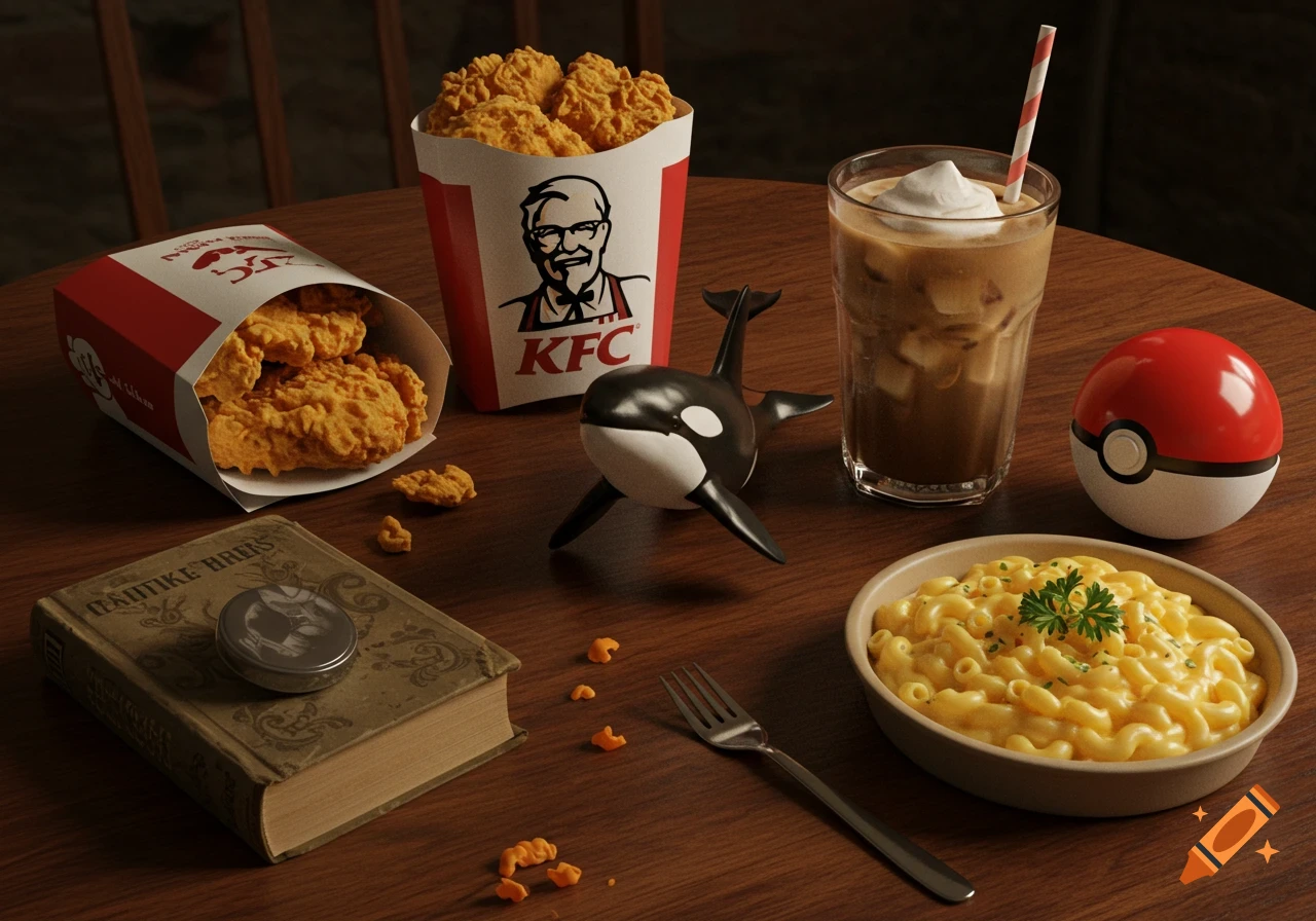 A photorealistic still life featuring KFC fried chicken buckets, iced coffee, a killer whale figurine, a Pokeball, mac and cheese, and an old book on a wooden table.