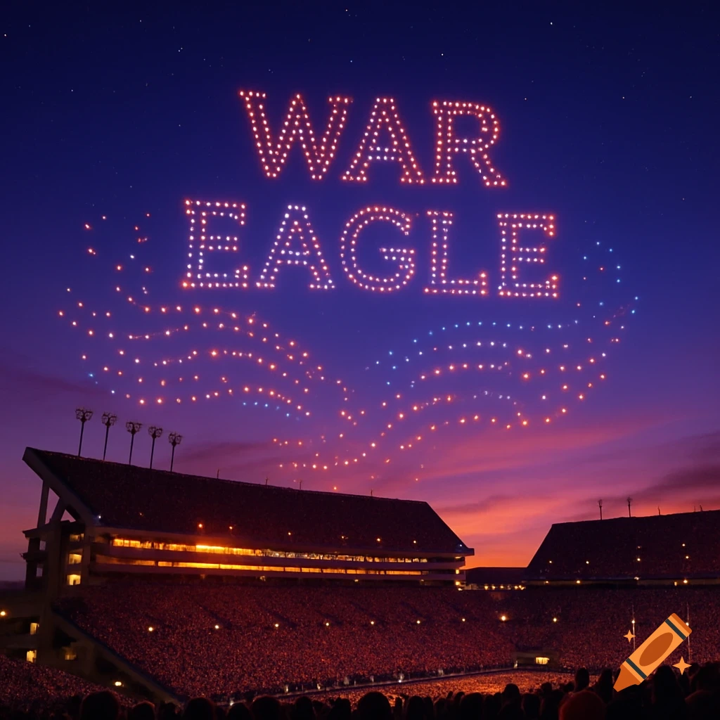 A drone show spelling 'WAR EAGLE' illuminates the twilight sky above a packed football stadium.