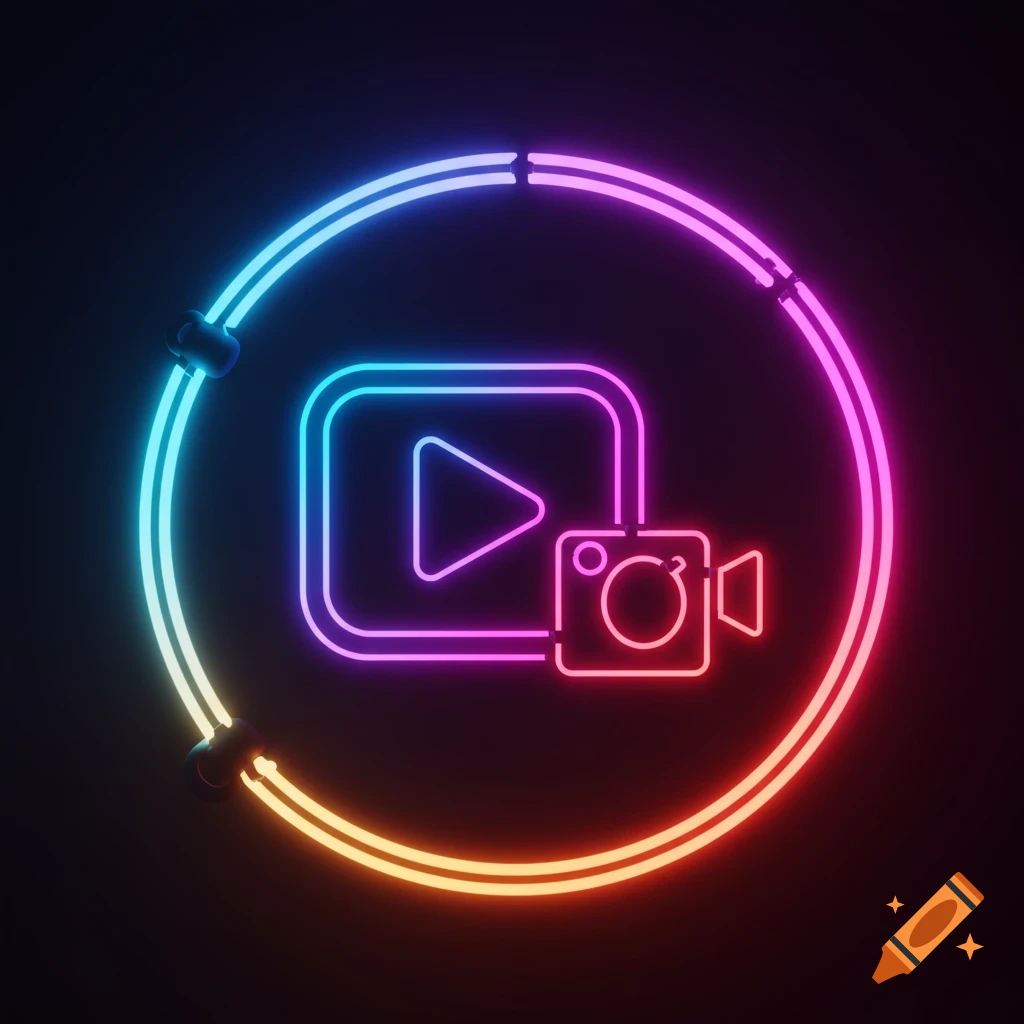 A glowing multicolor neon video play and camera icon inside a neon ring on a dark background.