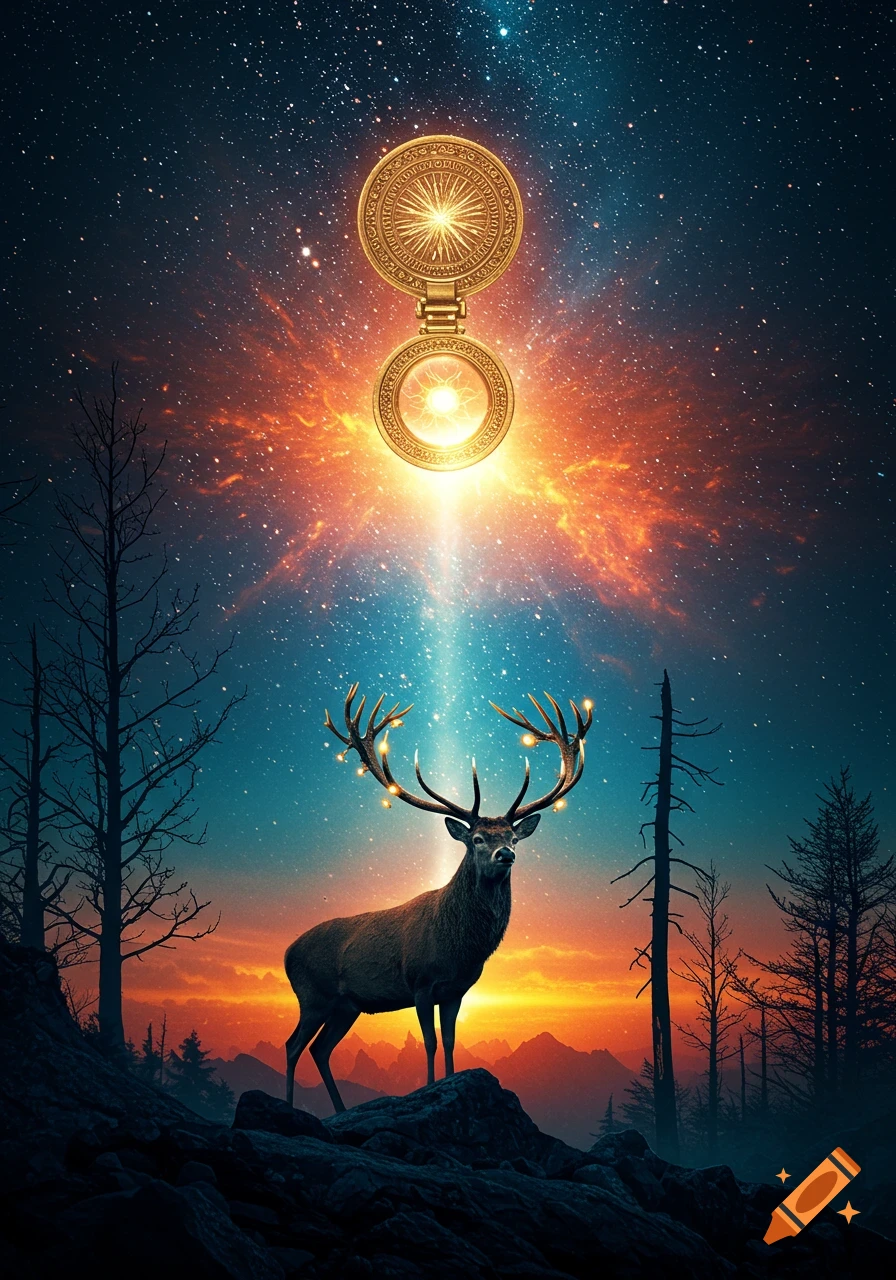 A majestic deer with glowing antlers stands on a rocky outcrop under a vibrant, cosmic sky with stars and a radiant light beam from a golden medallion.