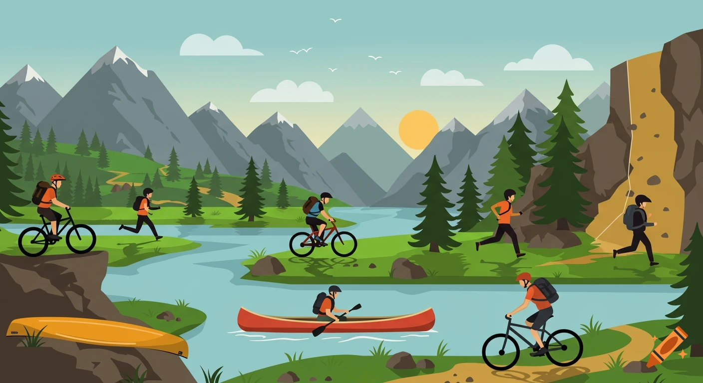 Flat design illustration of various outdoor activities: mountain biking, running, rock climbing, and canoeing in a scenic mountain and river landscape.