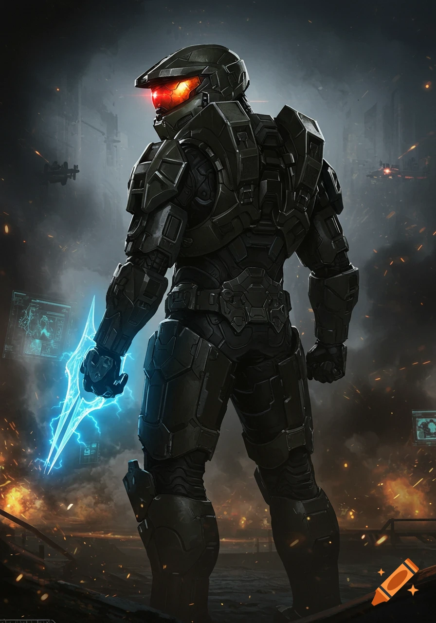 Master Chief in dark armor with a red visor holds a glowing energy sword, standing amidst a smoky, war-torn cityscape.