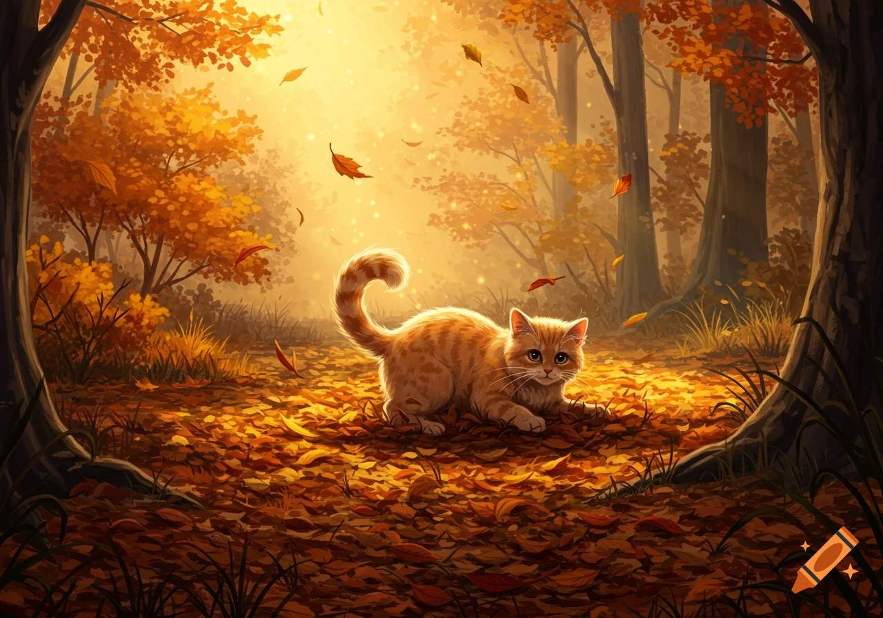 Illustrative orange cat in a sunlit autumn forest, surrounded by fallen orange leaves.