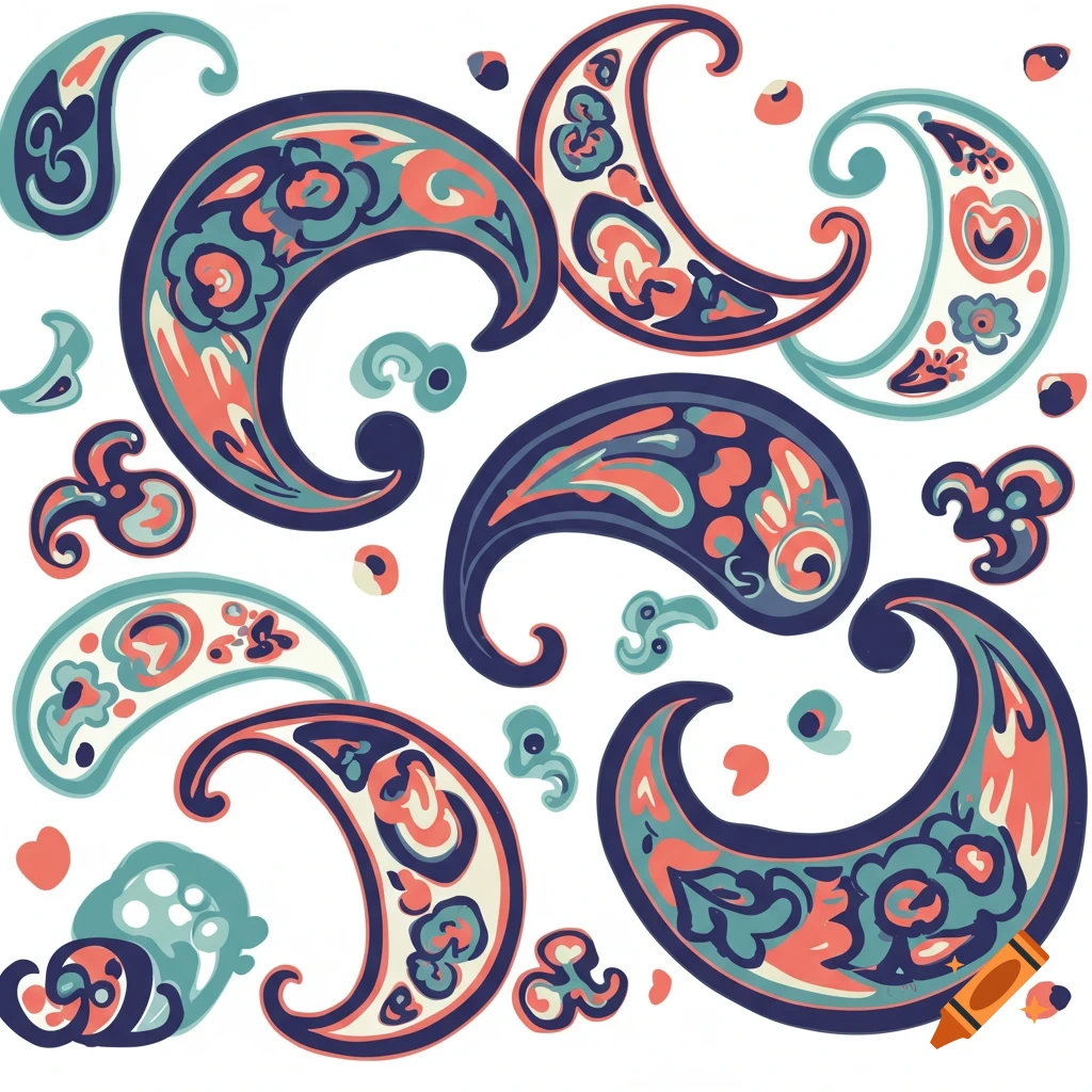 A repeating pattern of ornate paisley designs in shades of teal, dark blue, coral, and cream on a white background.