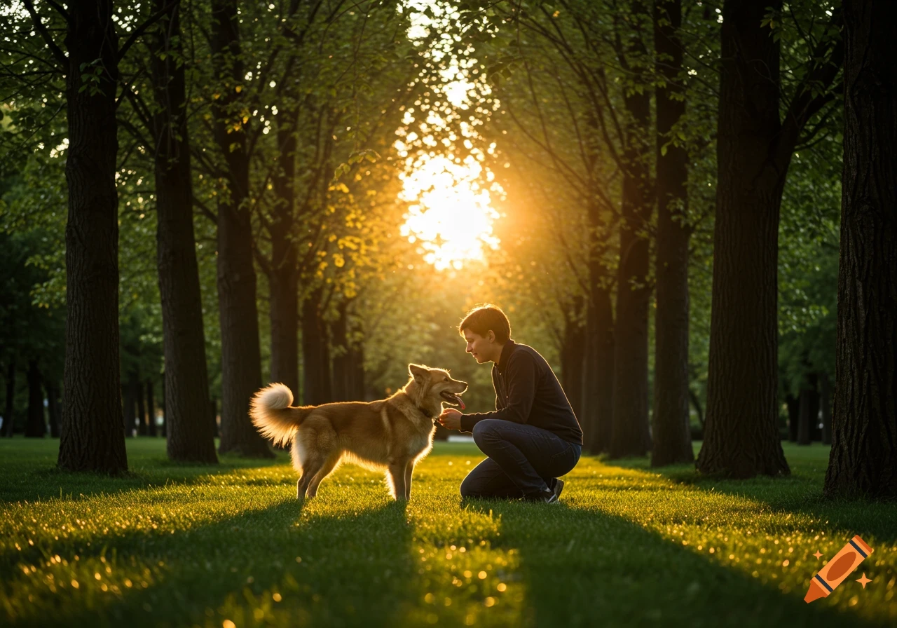 A person kneels to pet a happy dog in a sunlit park, surrounded by green grass and trees, showcasing their bond. Photorealistic.