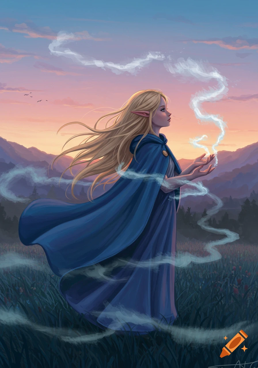 An elf-like girl with long blonde hair and a blue cape stands in a field at sunset, conjuring glowing white mist from her hands.