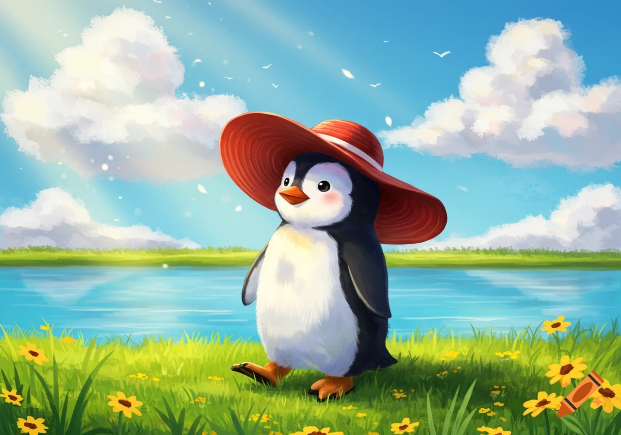 A cute cartoon penguin in a red sun hat stands in a grassy field with yellow flowers by a lake under a sunny sky.