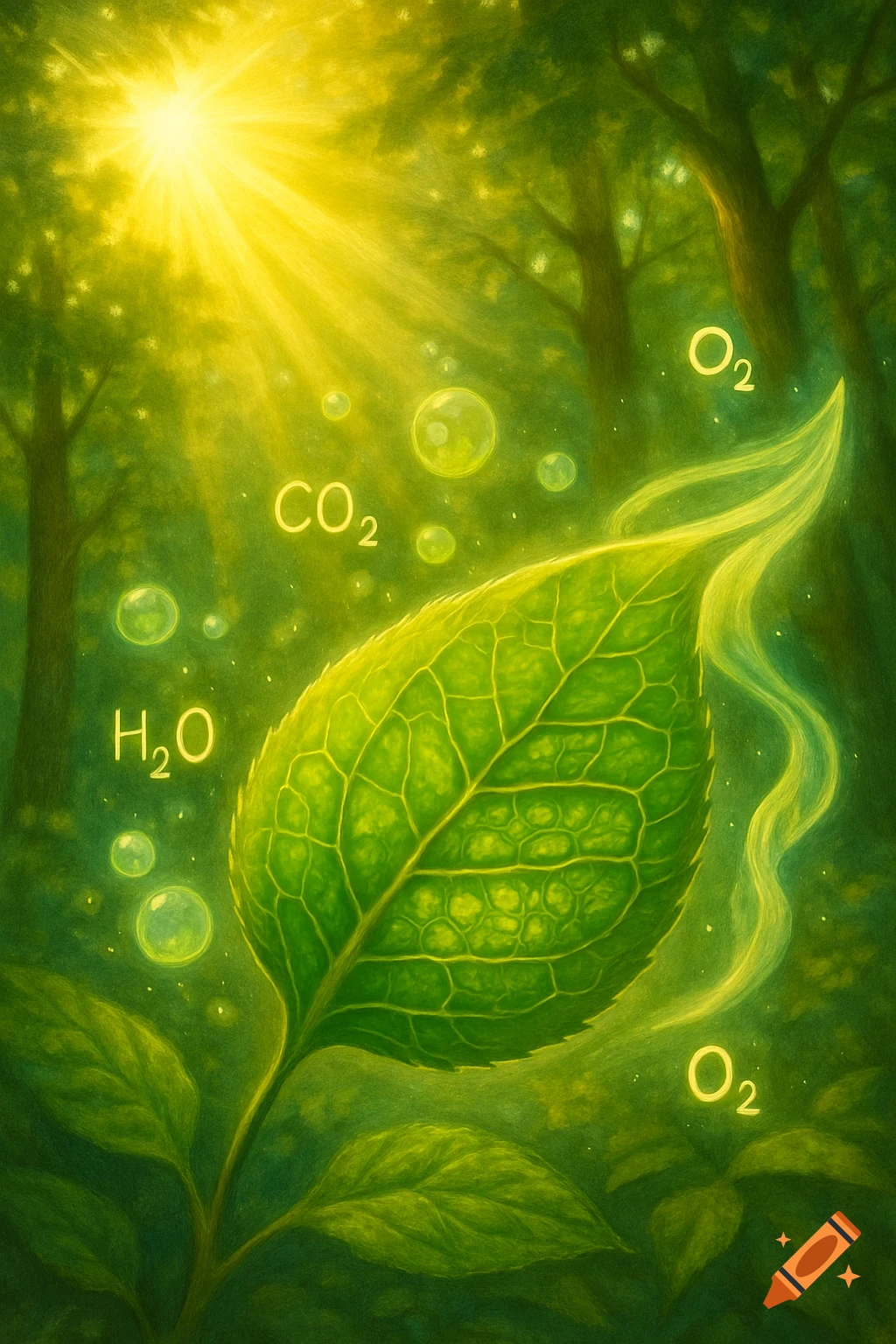 A large green leaf in a lush, sunlit forest with glowing chemical formulas (CO₂, H₂O, O₂) and bubbles, illustrating photosynthesis in a painterly style.