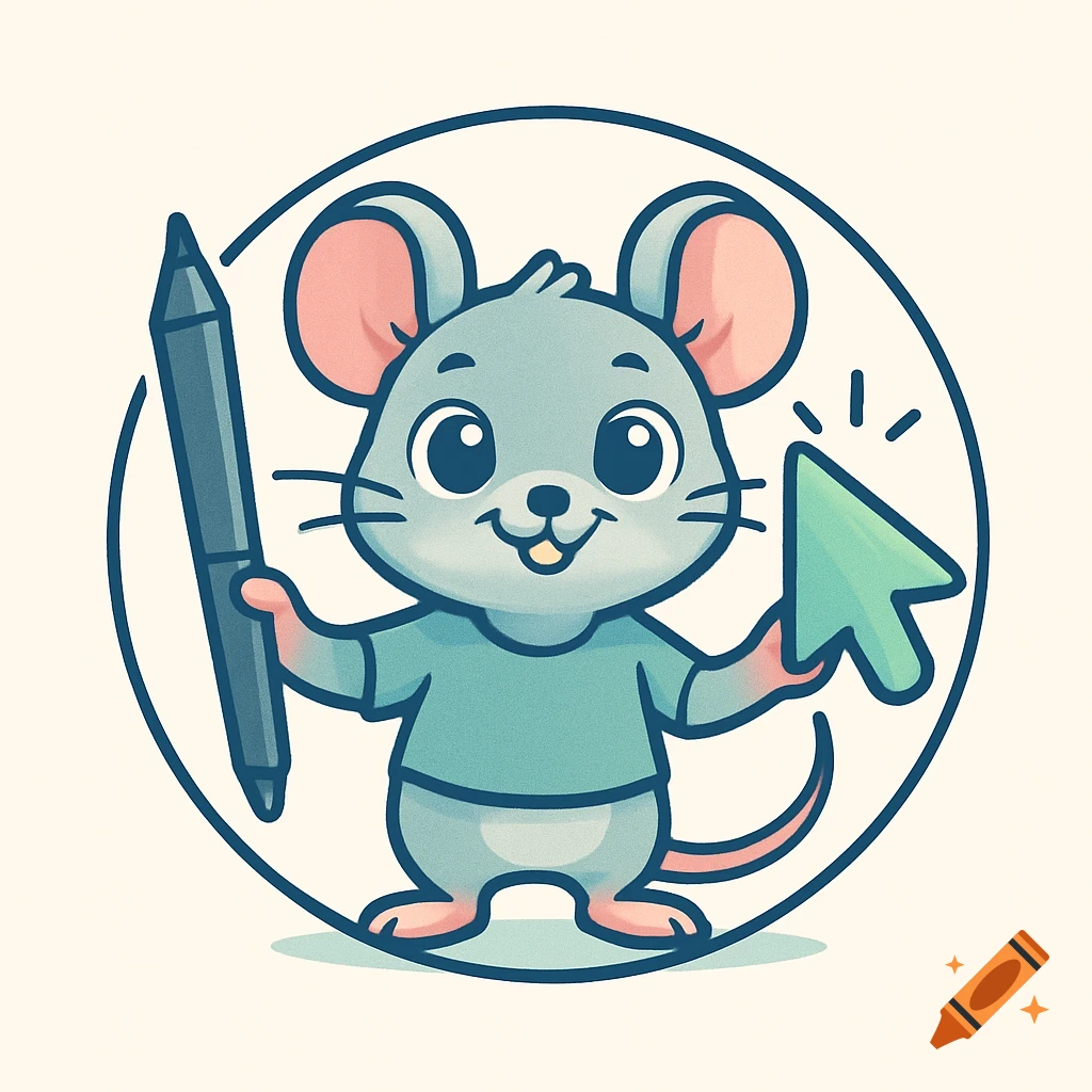 Cute cartoon mouse logo holding a pen and a mouse cursor in a circular frame, representing a UX/UI designer.