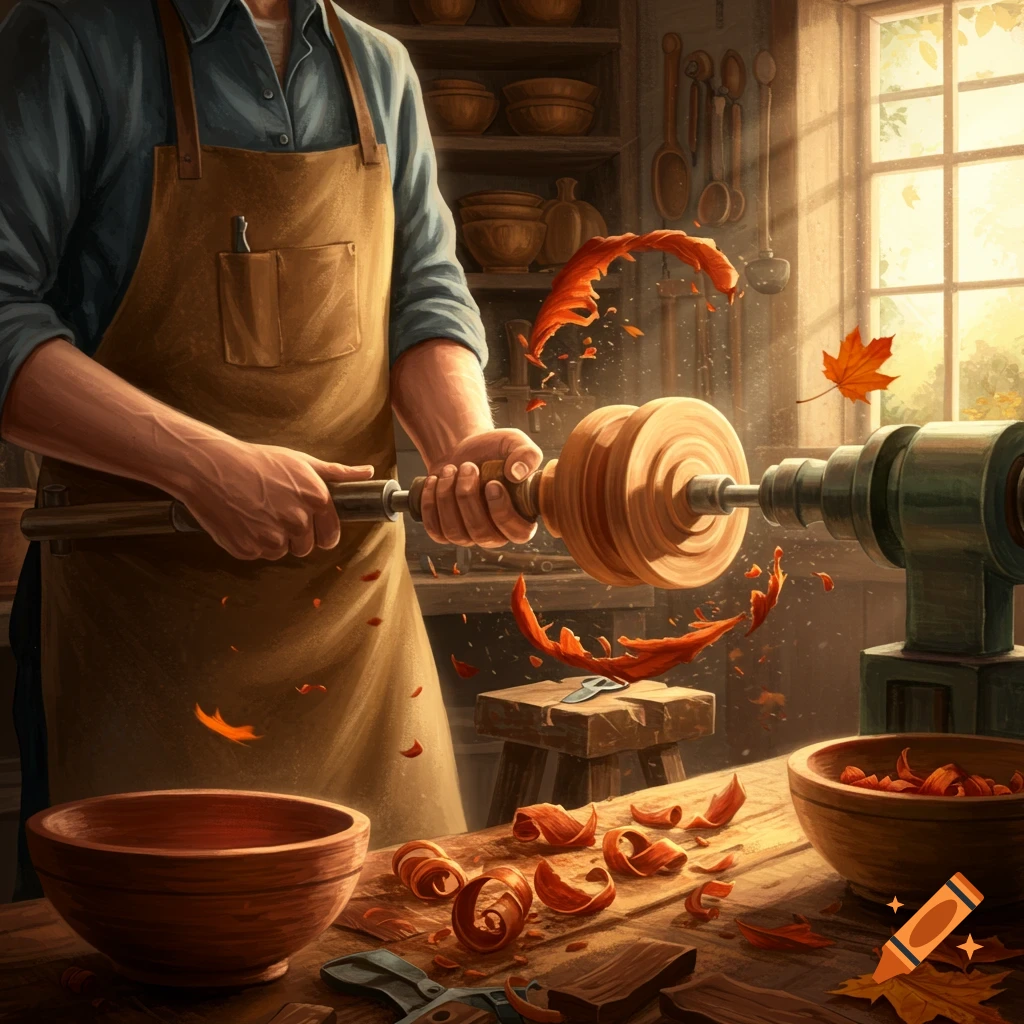 A craftsman in an apron uses a wood lathe in a sunlit workshop, surrounded by wood shavings and autumn leaves.