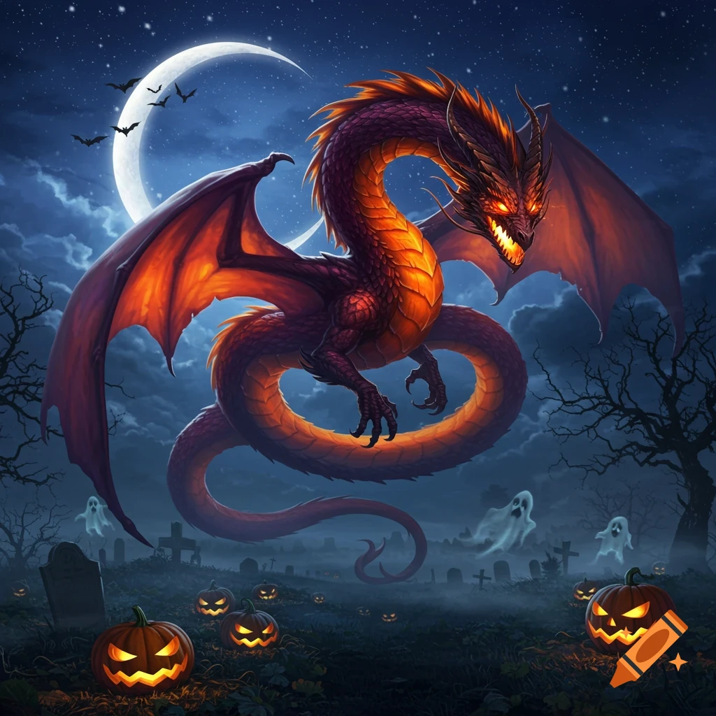 A majestic orange and purple dragon soars over a moonlit Halloween graveyard with glowing jack-o'-lanterns, ghosts, and bats.