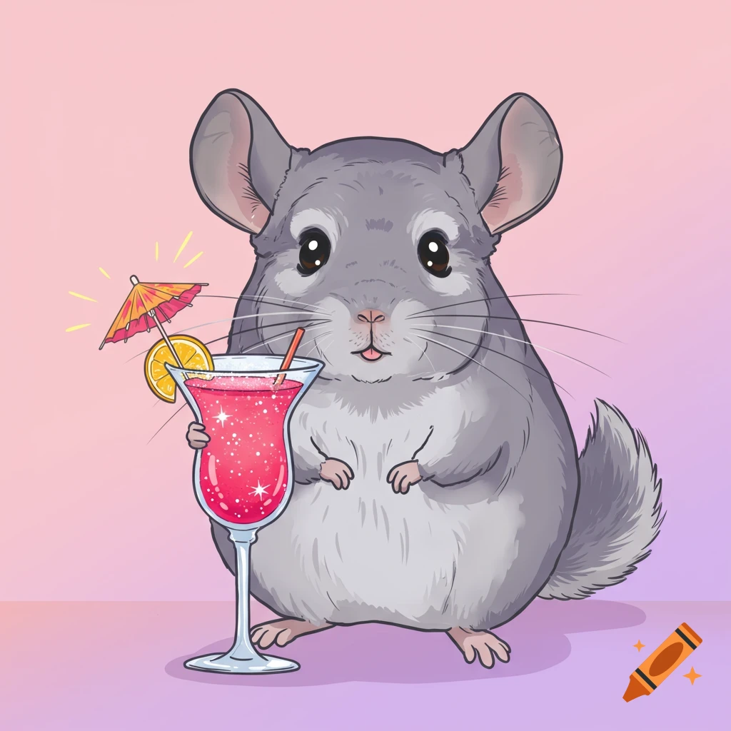 A cute vector art chinchilla holding a glittery pink cocktail with an umbrella and lemon slice, on a pink and purple background.
