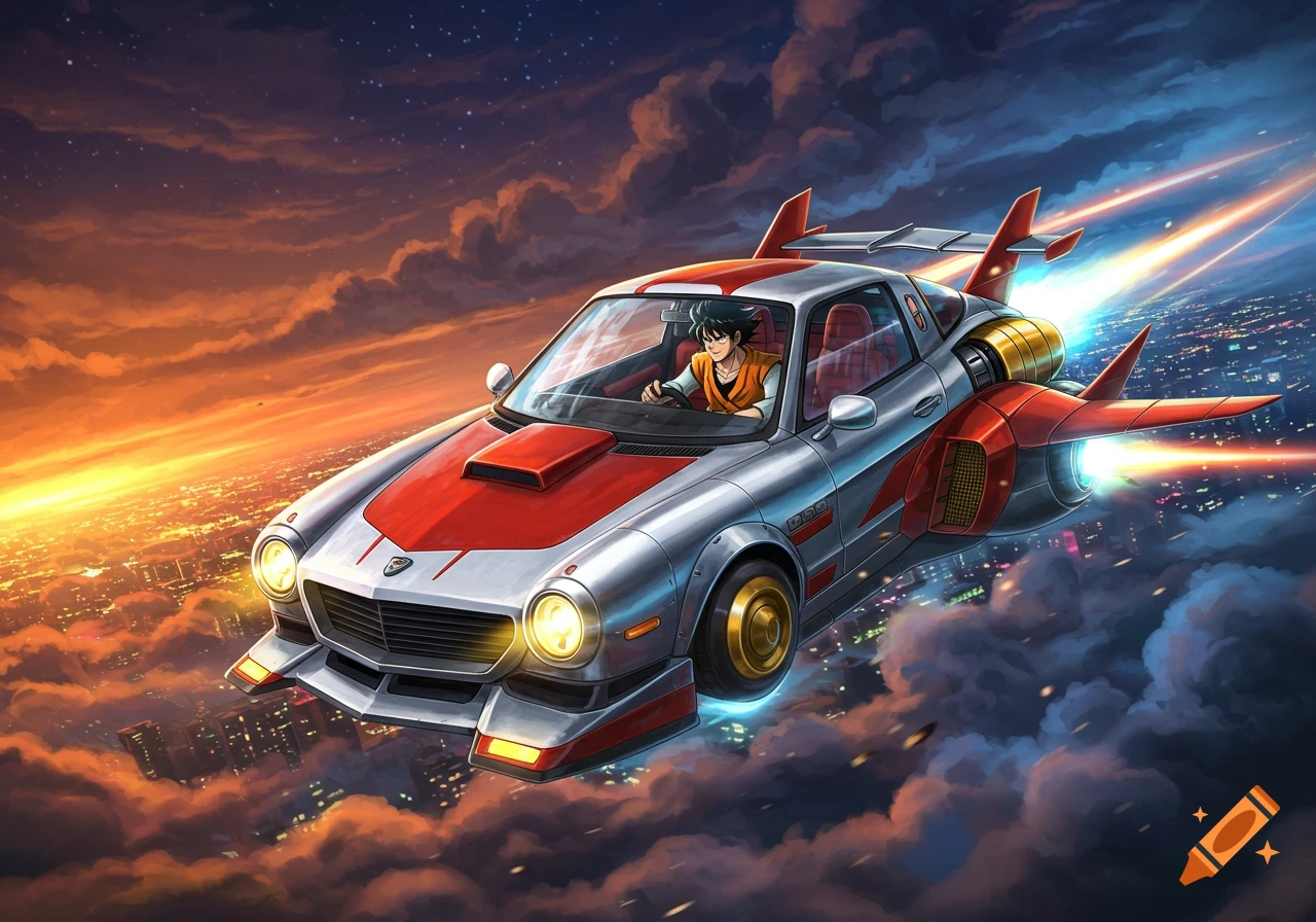 Anime character Goku flying a futuristic silver and red car above a city at sunset, surrounded by clouds.