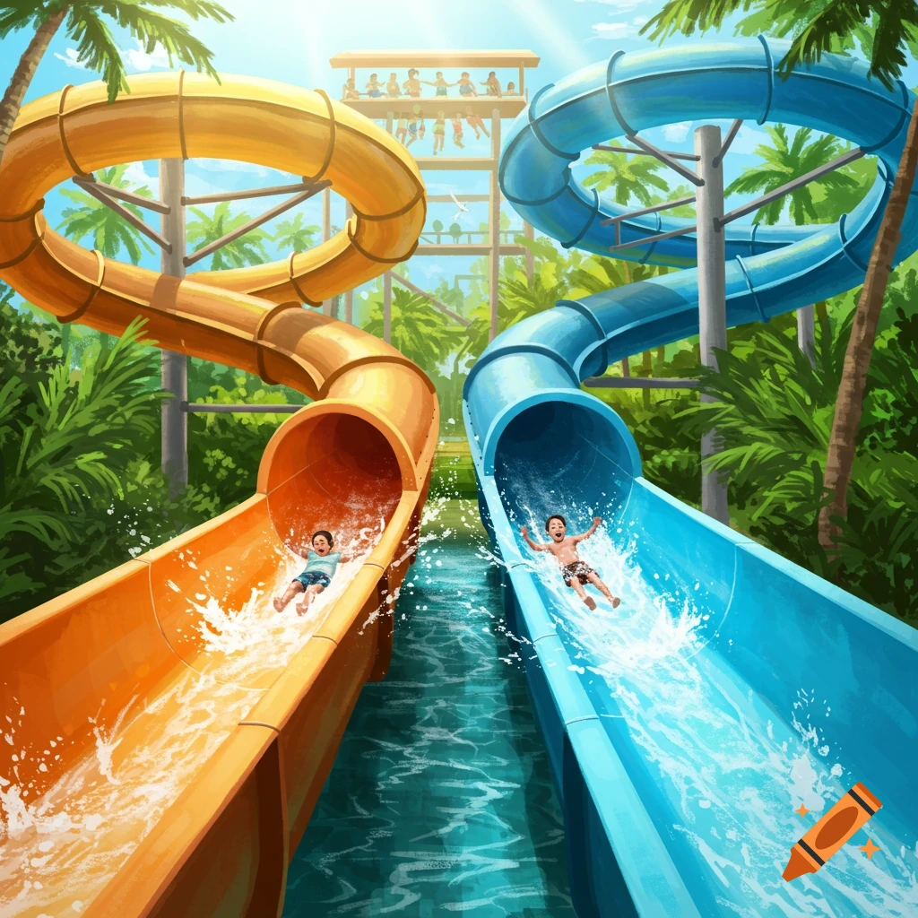 Vibrant illustration of two children racing down orange and blue water slides at a tropical water park, splashing water.