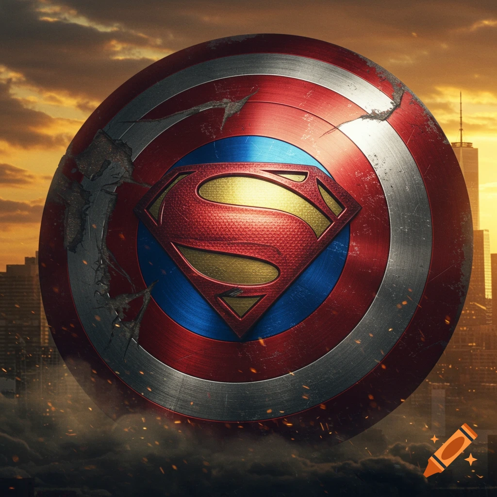 A damaged Captain America shield featuring the Superman logo, floating above a city skyline at sunset.