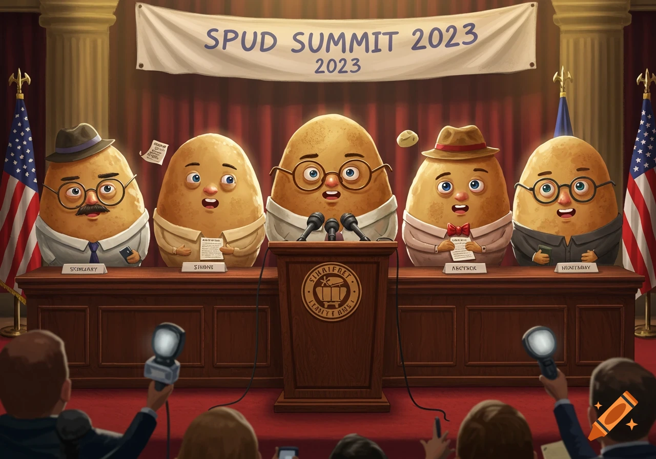Five anthropomorphic potatoes, some wearing glasses and hats, stand behind a wooden podium and desk at a press conference, with an American flag to either side. A banner above reads "SPUD SUMMIT 2023 2023". Reporters hold microphones in the foreground.