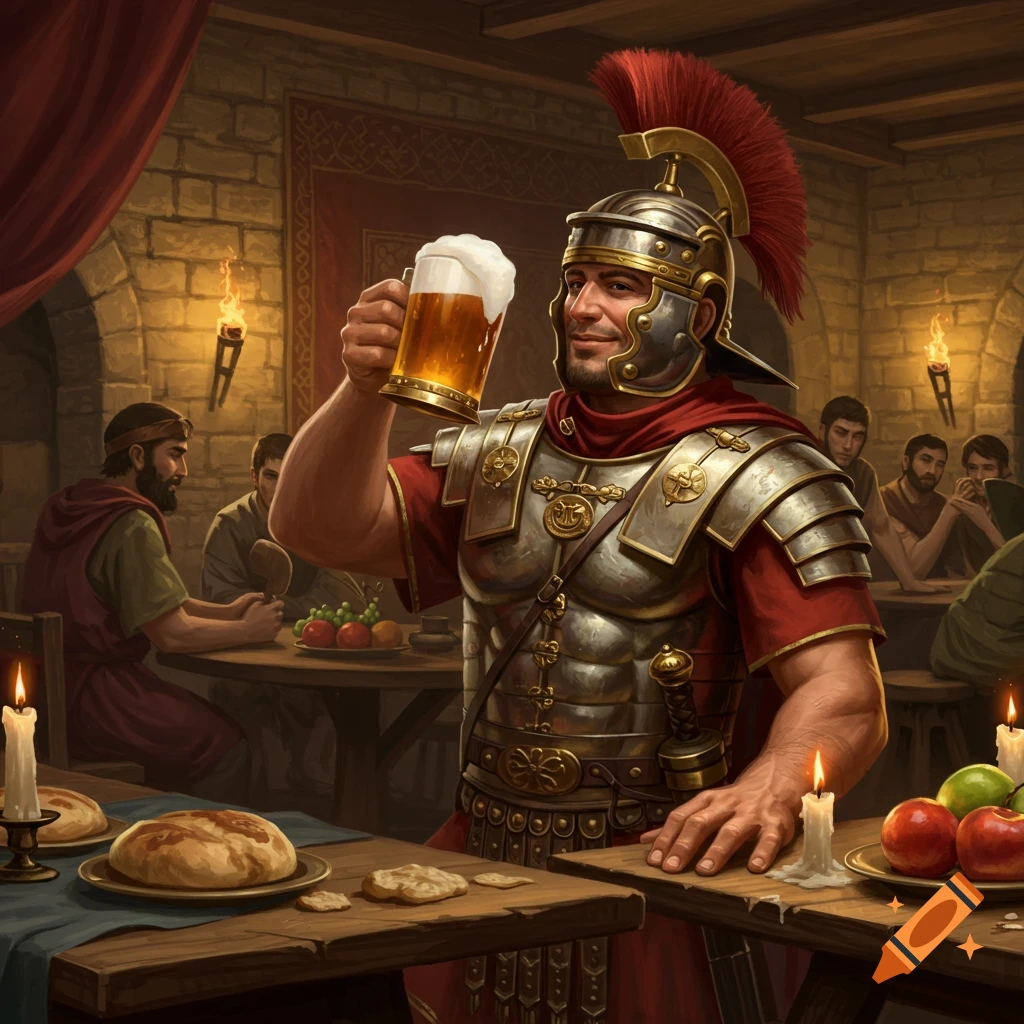 A smiling Roman soldier in armor holds up a frothy beer mug in a dimly lit tavern with other patrons.