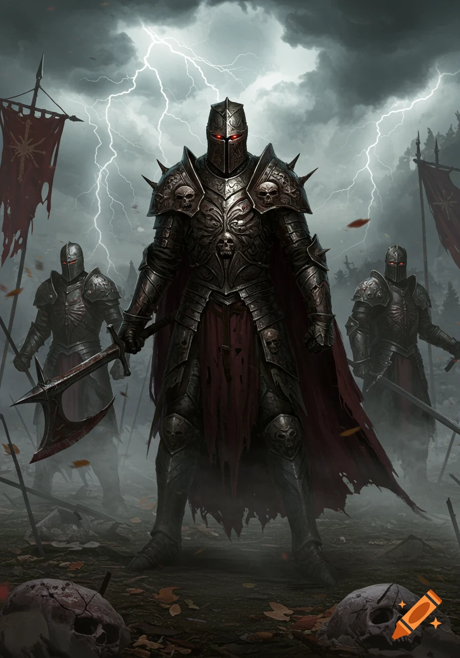 Three menacing dark fantasy knights in ornate skull-emblazoned armor stand on a battlefield under a lightning-filled stormy sky.