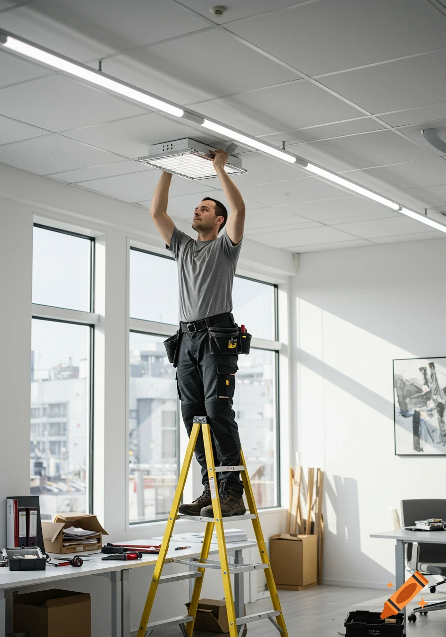 A photorealistic image of a handyman on a yellow ladder installing a square LED light fixture on a drop ceiling in a modern office.