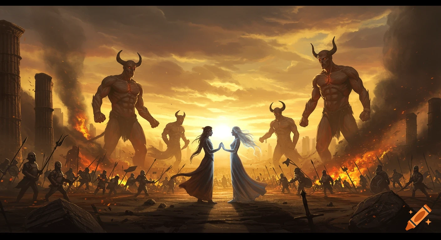 Epic fantasy illustration of two figures holding hands on a battlefield with colossal horned demons, an army, and crumbling ruins at sunset.