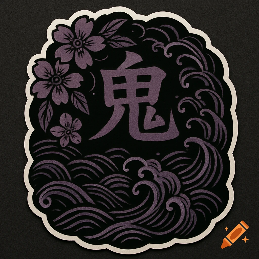 Flat sticker with Japanese kanji 'oni' surrounded by purple sakura blossoms and waves on a matte black background, traditional tattoo style.