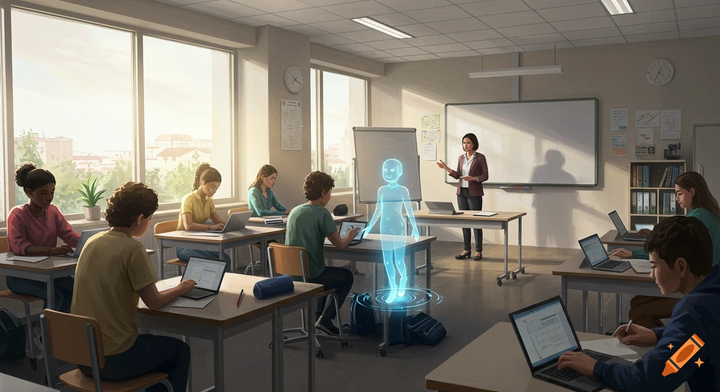 Diverse students in a modern classroom use laptops, while a teacher and a holographic AI assistant present at the whiteboard.
