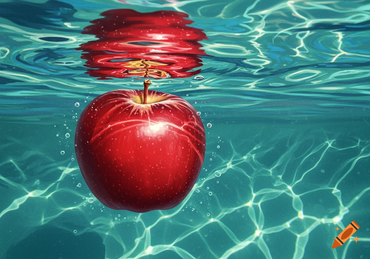 A vibrant red apple submerged underwater, with sunlight dappling through the rippling surface.