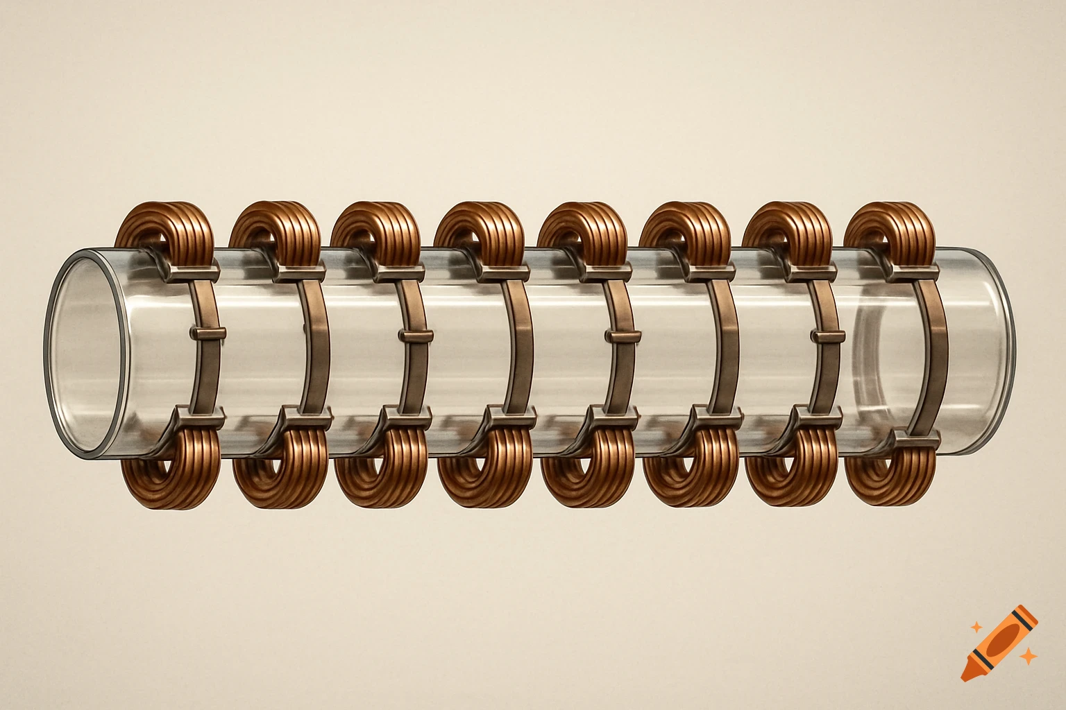 A realistic illustration of a transparent tube encircled by nine evenly spaced copper electromagnetic coils.
