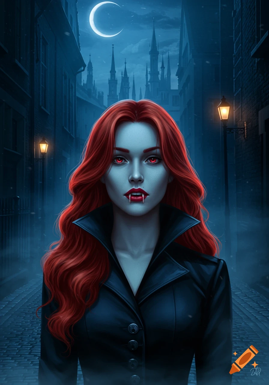 A red-haired vampire woman with glowing red eyes and fangs stares forward on a foggy, moonlit gothic city street.