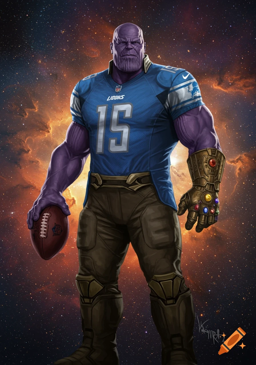 Thanos in a blue Detroit Lions football jersey and Infinity Gauntlet, holding a football, against a cosmic background.