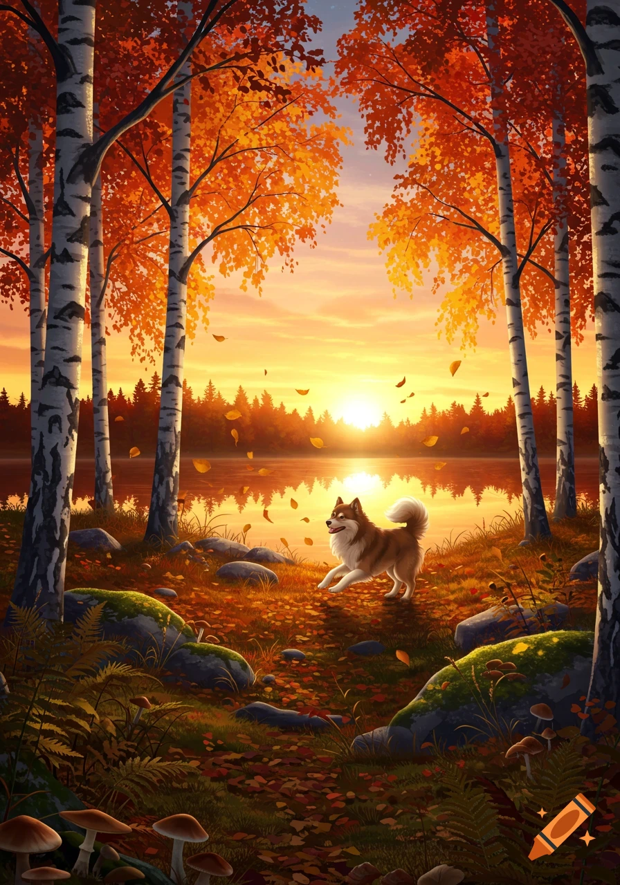 A stylized illustration of a happy dog prancing through an autumn forest with birch trees and fallen leaves, beside a reflective lake at sunset.