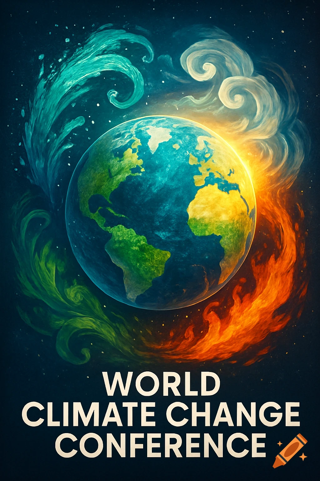 Poster for the World Climate Change Conference, featuring Earth divided by cool swirling air and warm fiery clouds.