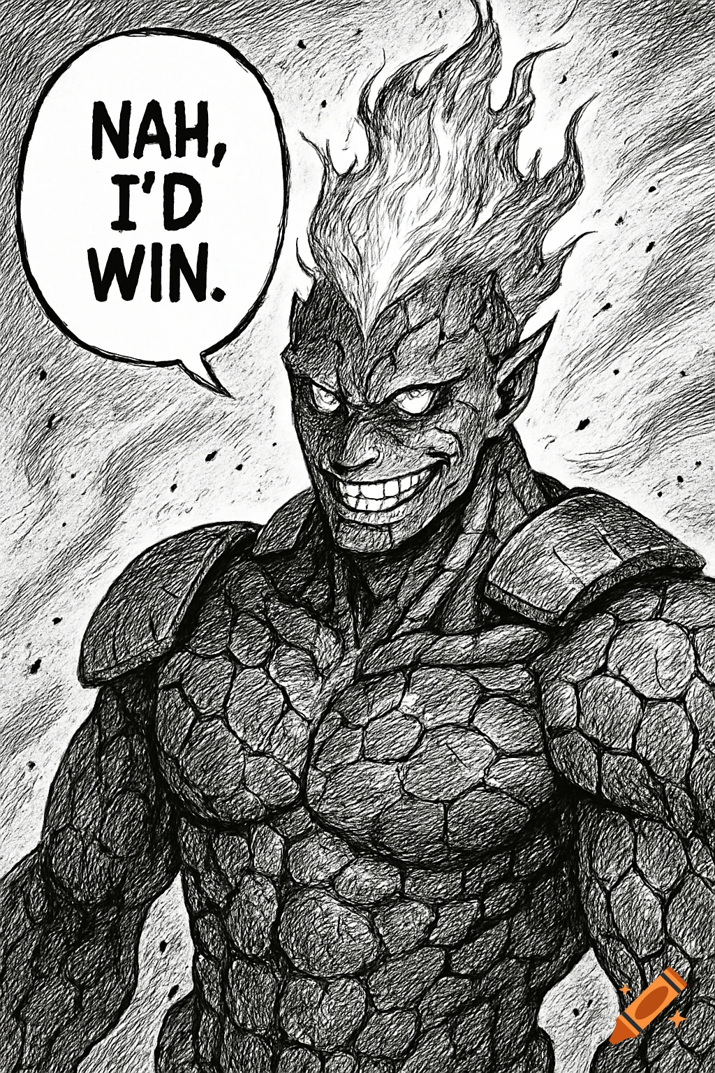 A black and white manga illustration of a grinning monster-like character with flame hair and rocky skin, saying "NAH, I'D WIN."