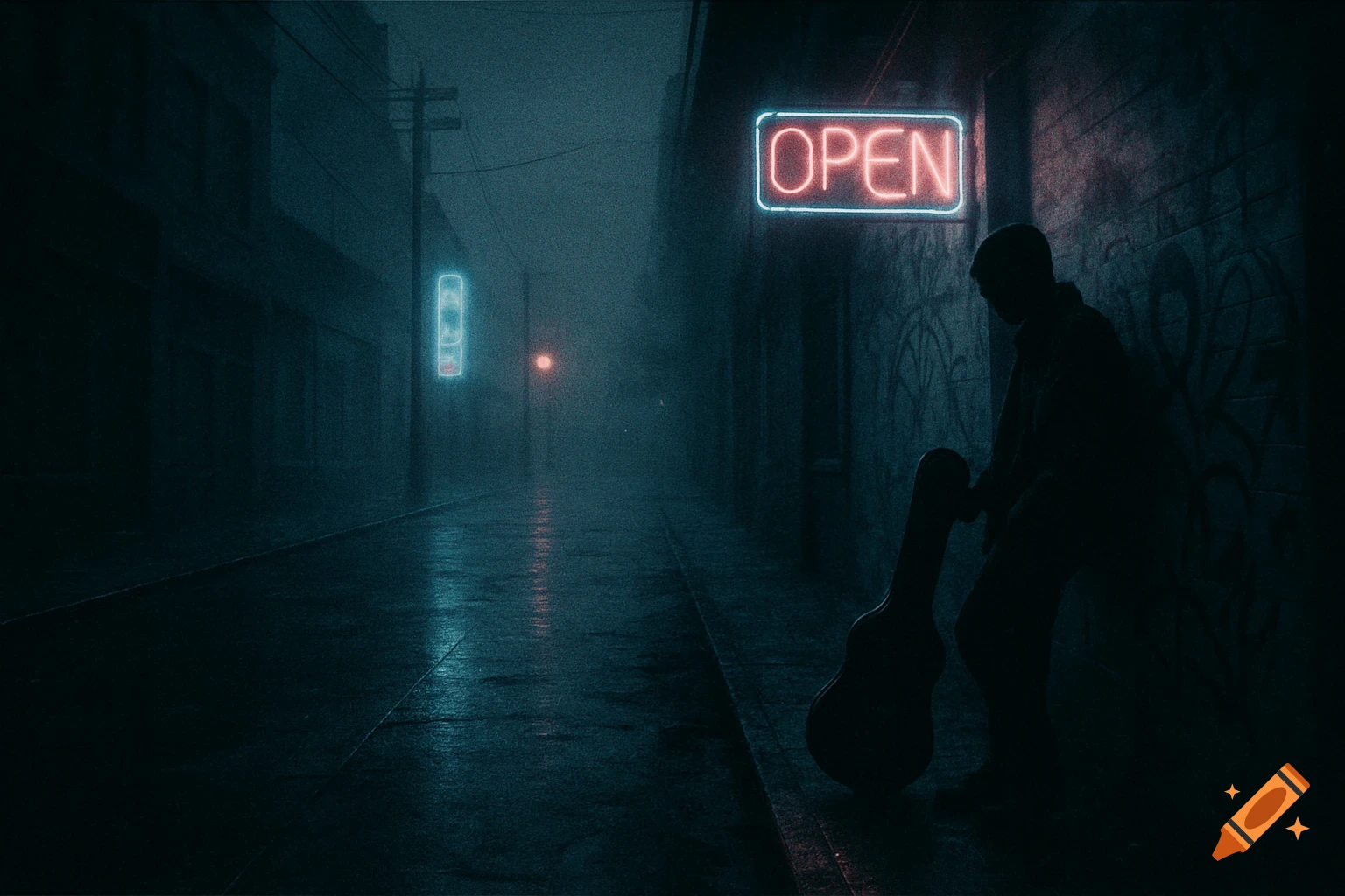 A silhouetted musician with a guitar case leans against a graffiti wall on a foggy, rain-slicked urban street under a neon 'OPEN' sign.