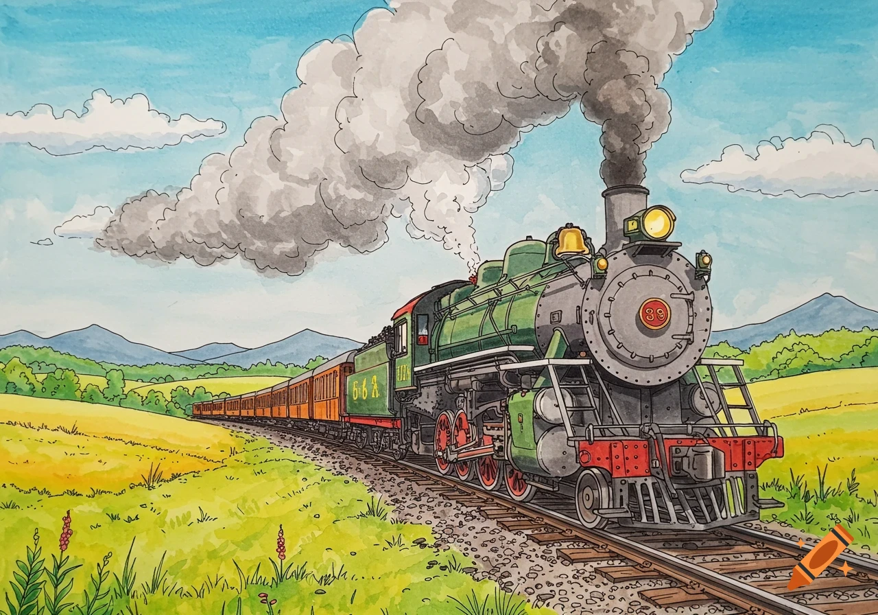 Watercolor illustration of a green steam locomotive pulling orange passenger cars through a vibrant green and yellow field landscape.