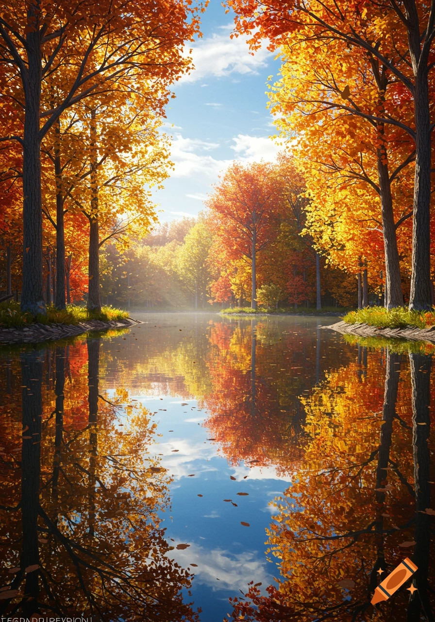 Vibrant orange and yellow autumn trees reflected in a calm lake under a bright blue sky.