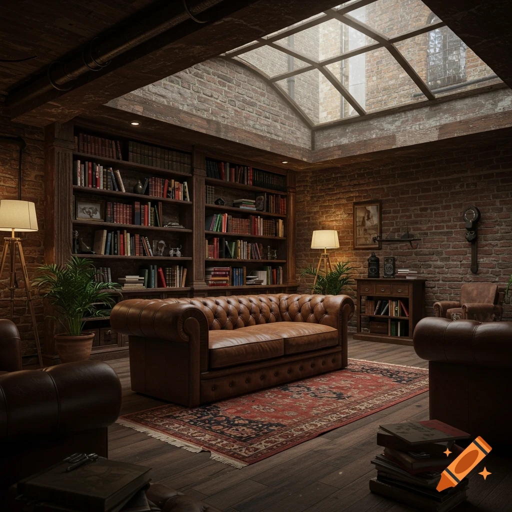 A richly furnished English-style library with leather Chesterfield sofas, brick walls, and a large overhead skylight.