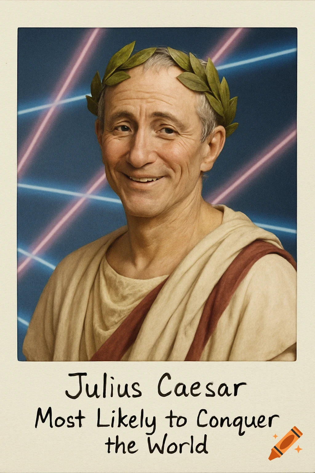 Smiling Julius Caesar in a toga and laurel wreath for a 90s yearbook photo, with "Julius Caesar Most Likely to Conquer the World" written below.