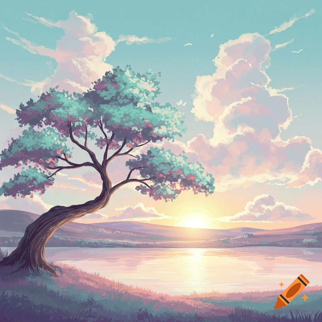 A serene, stylized landscape painting of a twisted tree beside a calm lake with a vibrant sunset and pastel clouds.