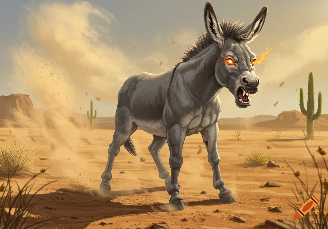 A fierce gray donkey with glowing orange eyes and bared teeth stands in a dusty desert with cactuses, stylized art.