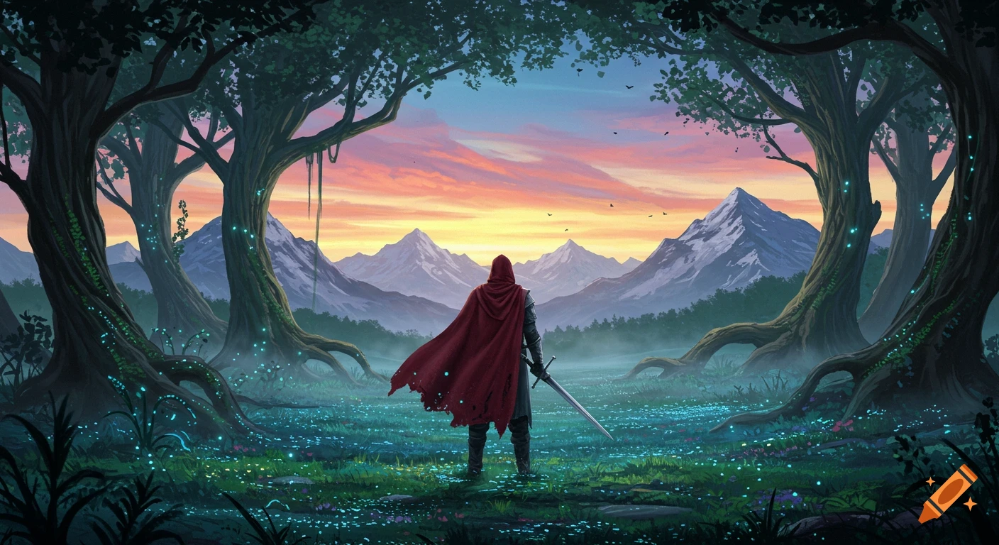 A cloaked knight with a sword stands in a glowing magical forest clearing, looking at a sunset over snowy mountains.