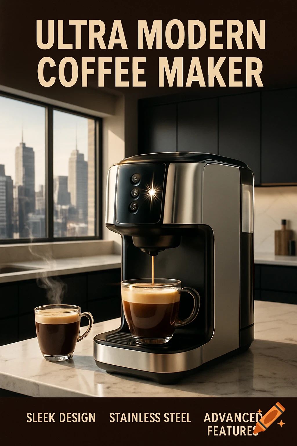A photorealistic image of an ultra-modern, stainless steel coffee maker pouring coffee into a mug on a marble kitchen counter with a city view. Text on the image reads "ULTRA MODERN COFFEE MAKER" and "SLEEK DESIGN STAINLESS STEEL ADVANCED FEATURES".