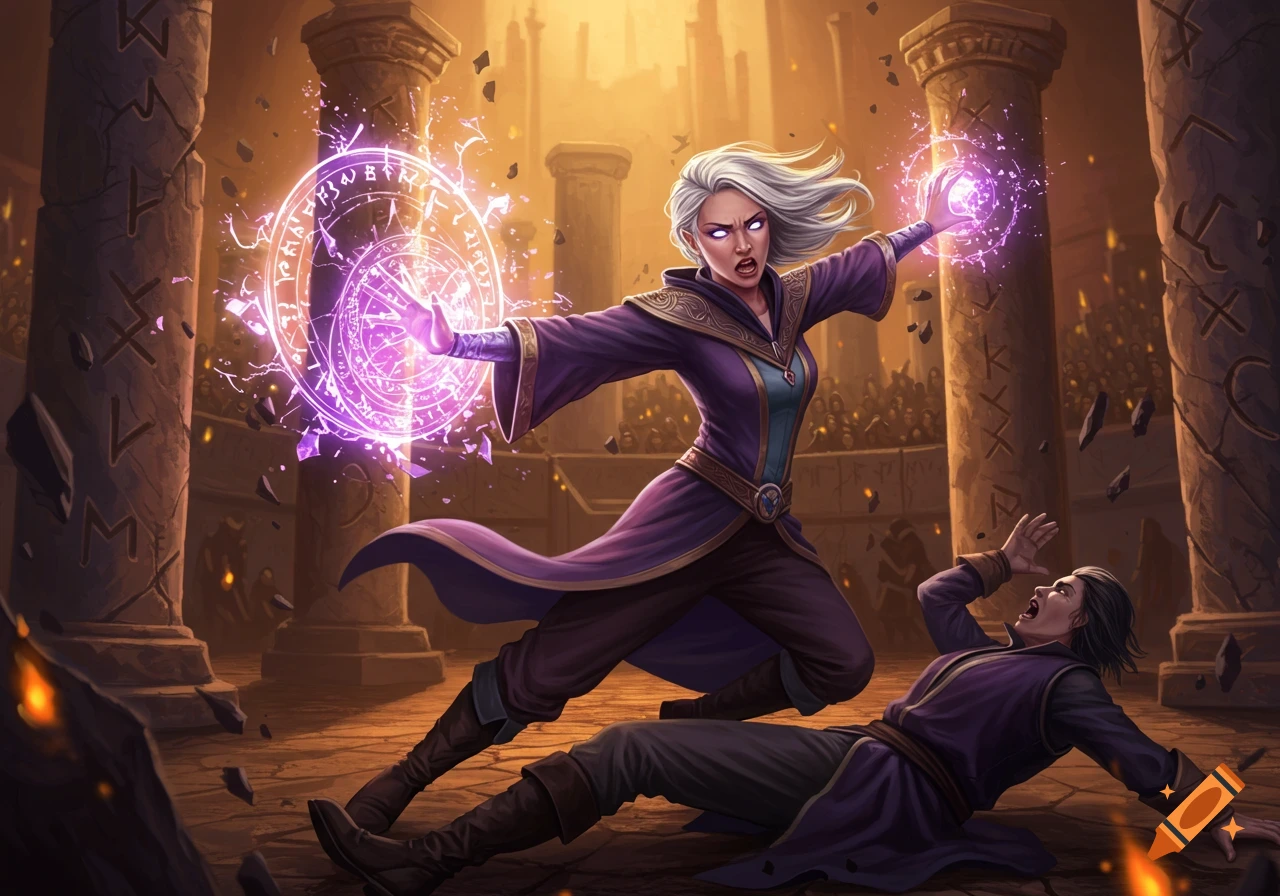A white-haired female wizard in purple robes casts a glowing spell at a falling man in a fantasy arena, detailed illustration.