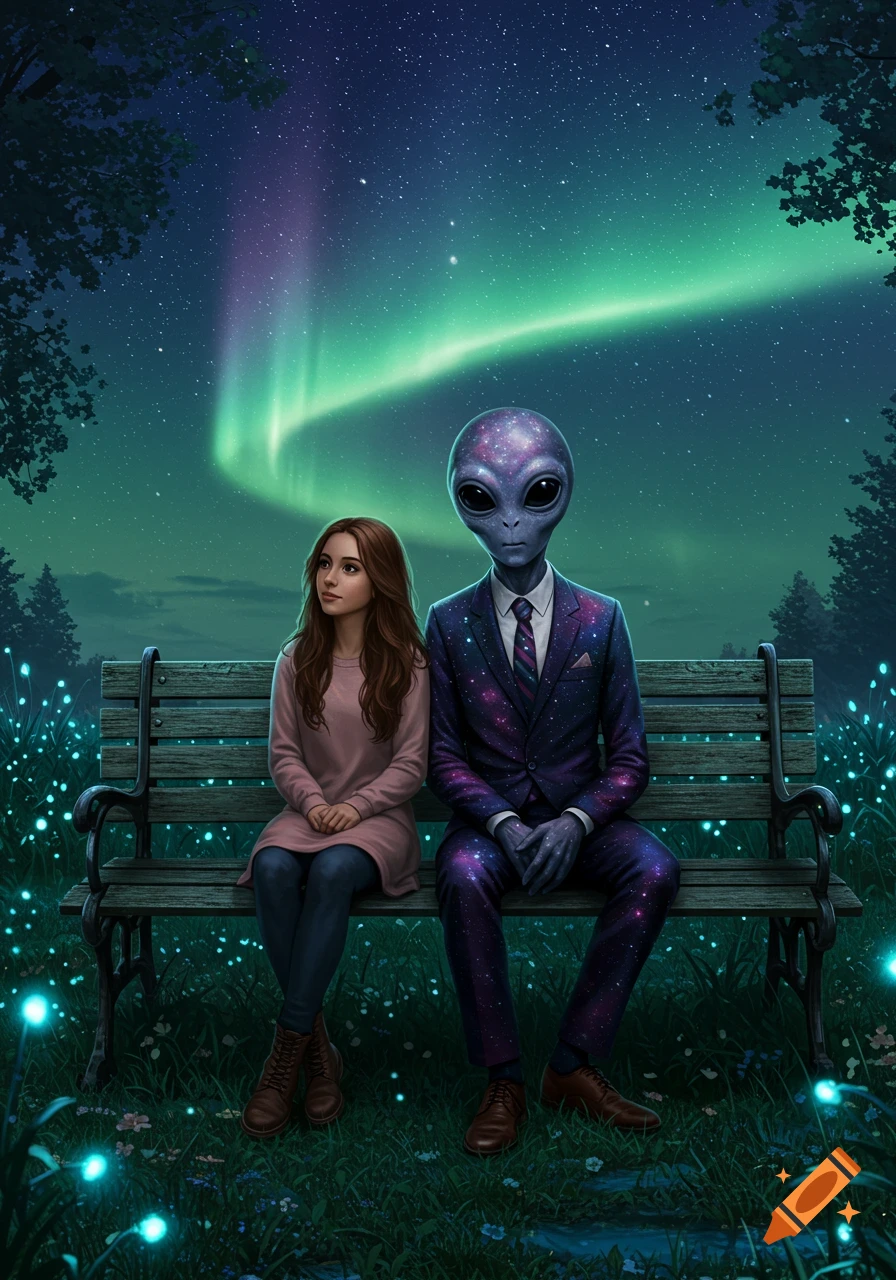 A young woman and a grey alien in a business suit sit on a park bench, gazing at a starry night sky with a green aurora.