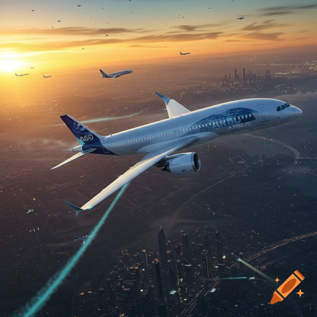 A large Airbus passenger jet flies over a city at sunset, with other planes in the sky. Photorealistic.