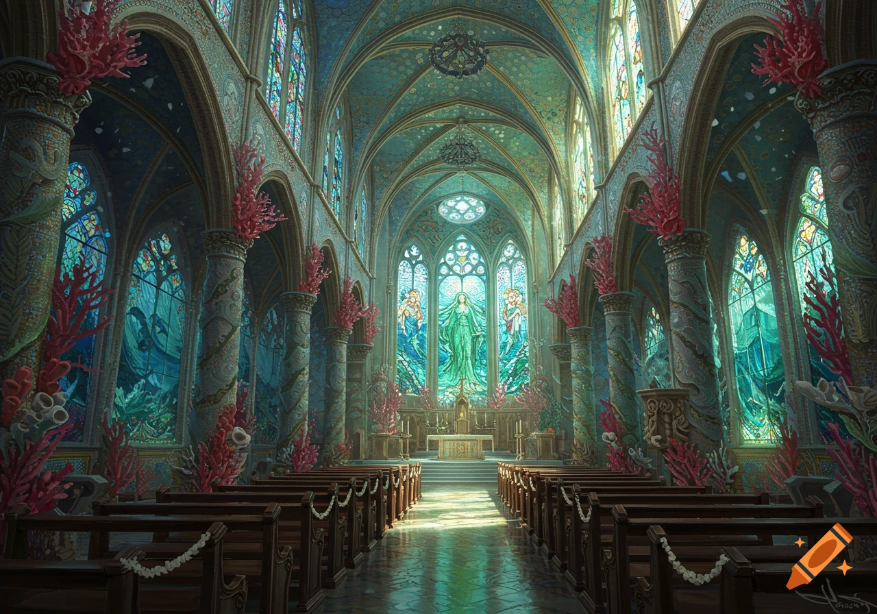 Ornate fantasy cathedral interior with underwater stained glass, coral-adorned pillars, and pews leading to an altar.