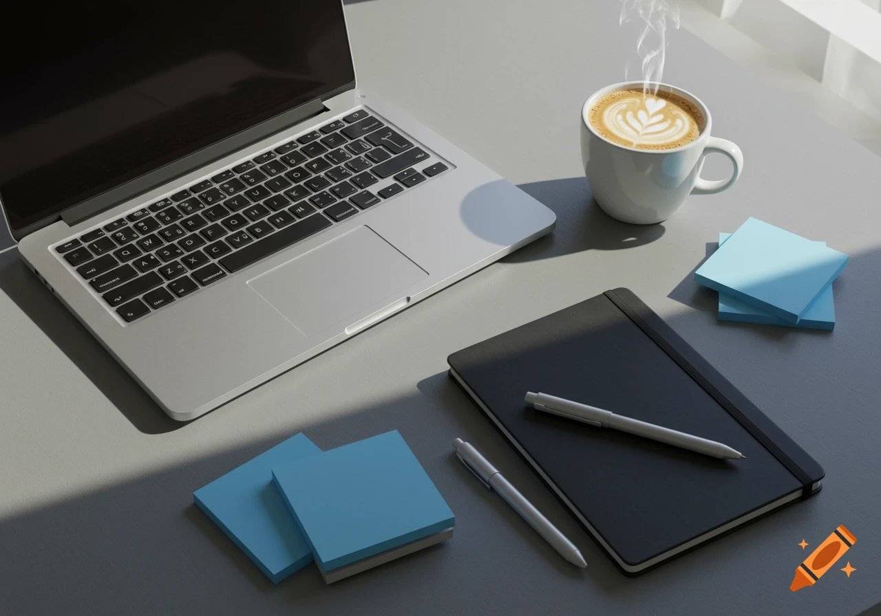 Overhead view of a silver laptop, coffee mug with latte art, black notebook, two pens, and blue sticky notes on a grey desk with natural light.