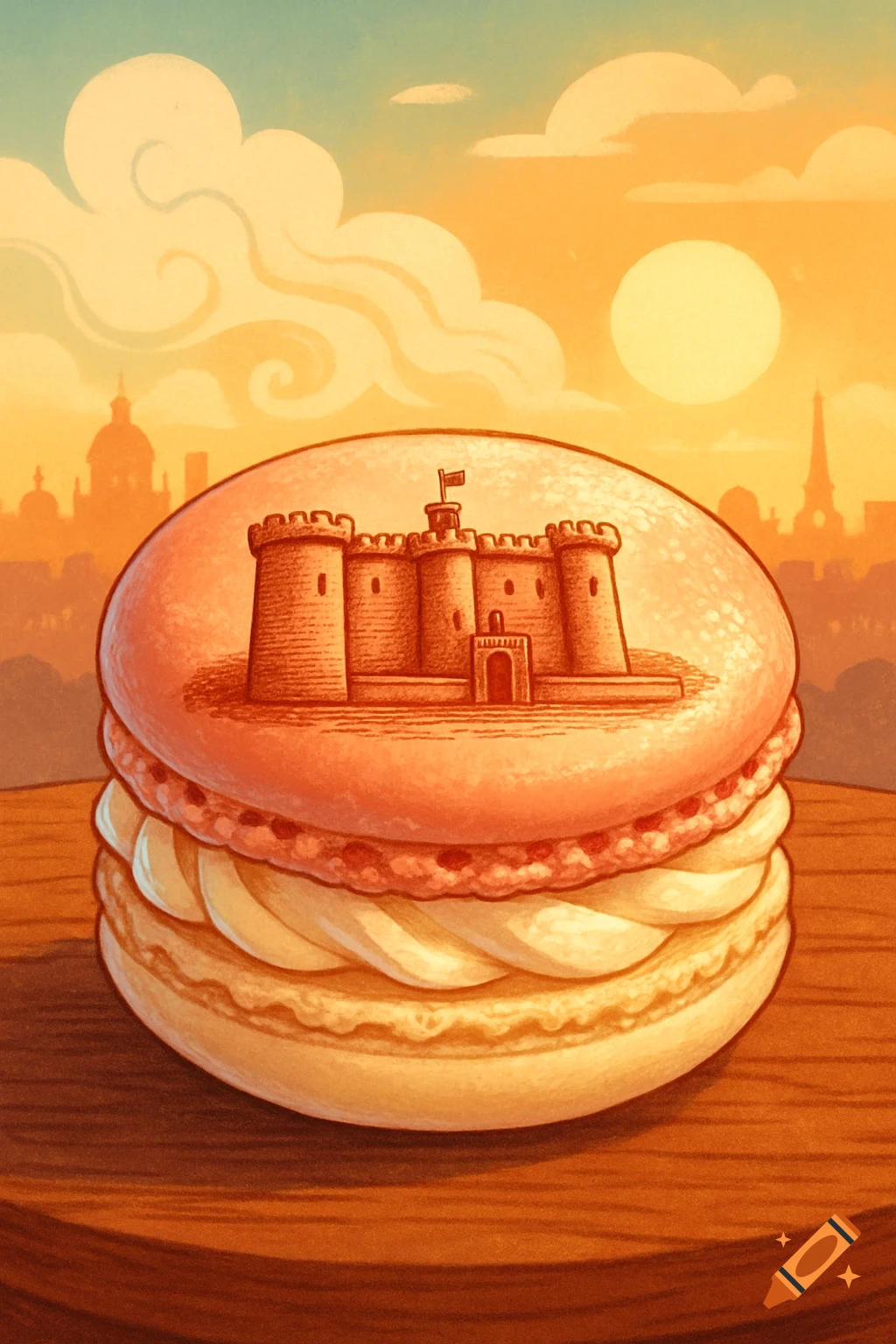 Illustrated macron with the Bastille castle, set against a golden sunset Parisian skyline with the Eiffel Tower.